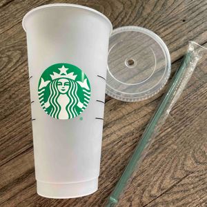 Tasses en plastique Starbucks Tubler réutilisables clairs consommation de pilier inférieur plat forme de couvercle de paille de paille de tasse de globe d'eau de 24 oz / 710 ml de mélange noir transparent couleurs