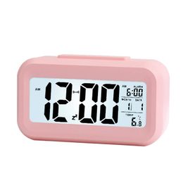 Plastic Mute Alarm Clock LCD Smartkloktemperatuur Leuke lichtgevoelig bed Digitale wekker Snooze Nightlight -kalender 50 stks