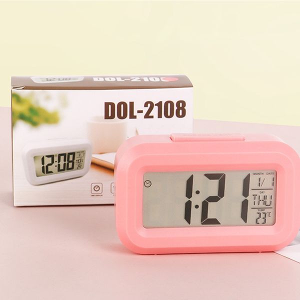 Plastique muet réveil LED température intelligente mignon photosensible chevet numérique réveils Snooze veilleuse calendrier bureau Table horloge