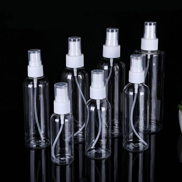 Botellas de spray de perfume de plástico 10ML 20ML 30ML 50ML 60ML 100ML PET Botella vacía transparente Bomba de niebla recargable Regadera Cosméticos finos Perfume Toner