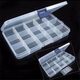 Caja de almacenamiento de plástico, contenedor, pastillas, joyería, puntas para decoración de uñas, 15 rejillas, organizador de maquillaje, caja de almacenamiento