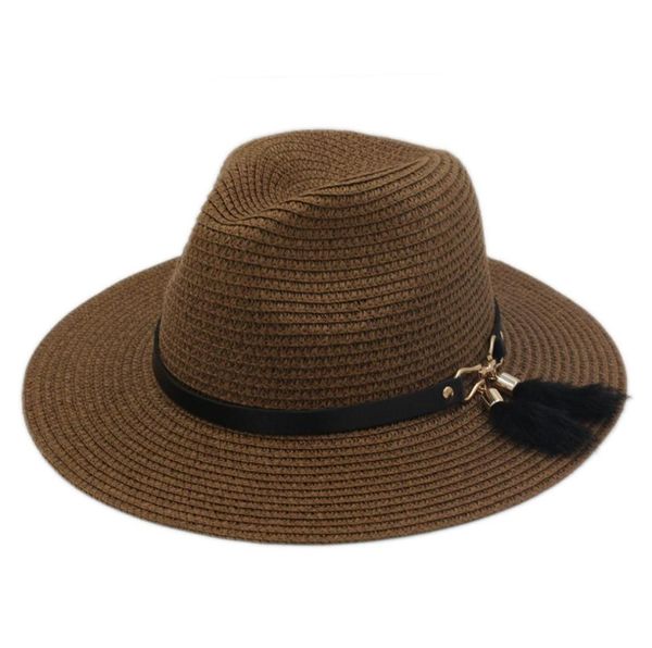 Chapeau de paille en plastique unisexe printemps été fête rue plage en plein air chapeau de soleil large casquette à bord souple Panama amant haut chapeau avec ceinture B5251883