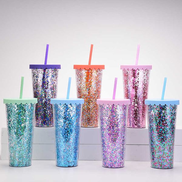 Pequeño paja tumbles brillantes capas dobles tazas de agua fría bebida botella de hielo sipper 700 ml de capacidad con tapas tazas café termos de verano vajilla termo