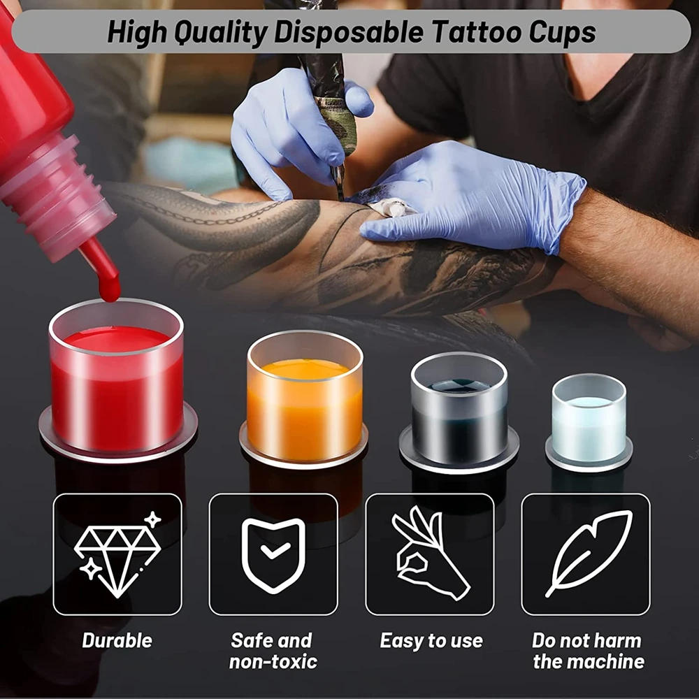 Kunststoff -Tattoo -Tintenbecher mit Basis -Einweg -Microblading -Tattoo -Pigmentkappen S/M/l Tintenhalter Behälter Cap Tattoo Zubehör