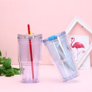 Plastic Tumblers met Rietjes Dubbele Muur Duidelijke Plastic Tuimelaars Reizen Mok Regelmatige Tumbler Sippy Cup Waterfles