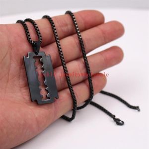 Plaqué noir hommes Punk hip-hop en acier inoxydable lame de rasoir chien étiquette collier pendentif avec 24 ''boîte chaîne barbier jew324c