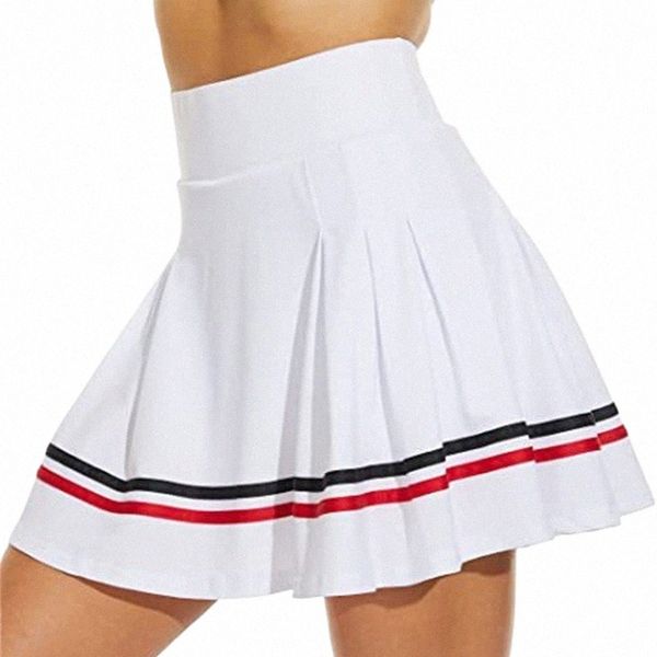 Plaqué Stripes Femmes Pantalons de sport Jupe taille haute respirant exercice de course jupe courte jupe de tennis à séchage rapide a3eZ #
