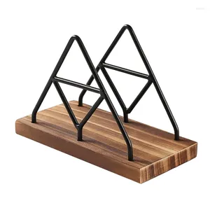 Placas 1 PCS Soporte de mesa de almacenamiento de servilletas de madera para restaurantes para el hogar de interior de interiores Decoración de la cocina con alambre de metal negro
