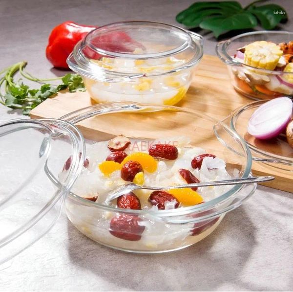 Assiettes 1000 ml Micro-ondes Chauffage de récipient en verre Bol avec assiette de salade de soupe résistante au couvercle résistant au couvercle