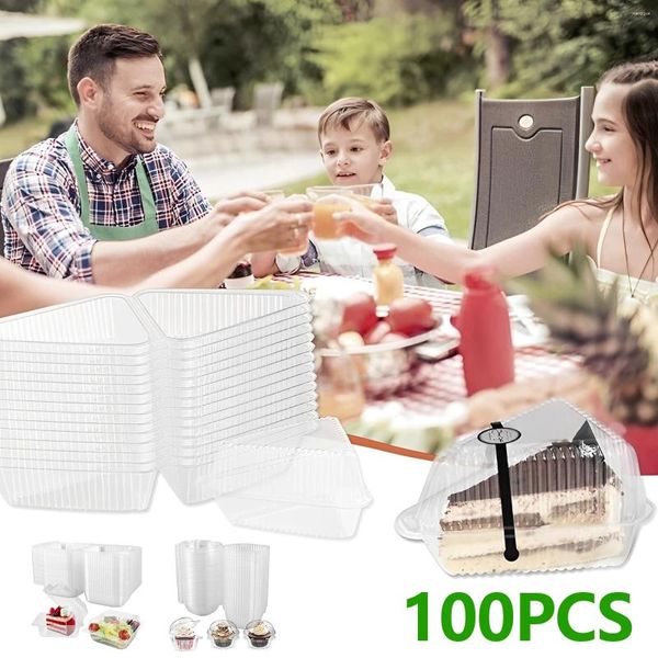 Platos 100 unids Cajas de rebanadas de pastel Material reutilizable con tapa Caja de postre transparente apilable para bodas Té de la tarde