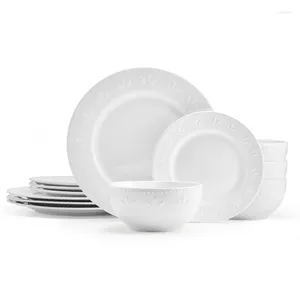 Assiettes Ensemble de vaisselle en 12 pièces en porcelaine en relief en blanc