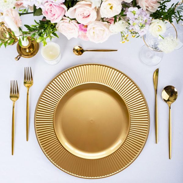 Platos de mesa de 12 piezas, cargador de arrecife dorado de Pvc de plástico para boda, juego de cena decorativo al por mayor a granel con purpurina plateada