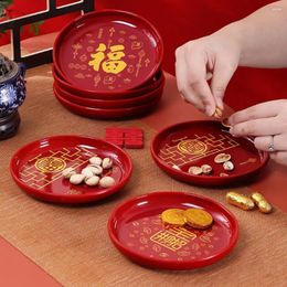Assiettes 15 15 cm Mini style chinois traditionnel rouge FU XI plateau rond thé festival de printemps célébration de mariage assiette de collation fruits