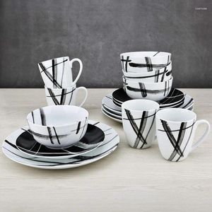Assiettes 16 pièces rondes de vaisselle de vaisselle en noir et blanc Metro Stoare Dish lave-vaisselle bols pour 4