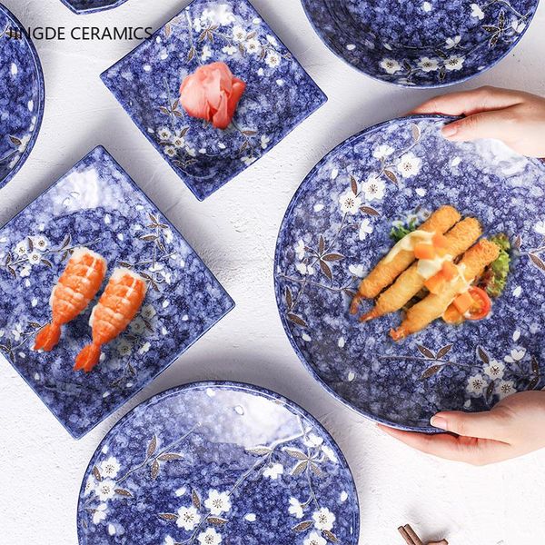 Platos 1 ud. Plato redondo de cerámica de cereza de estilo japonés, bandeja para servir restaurante comercial, vajilla de cocina occidental