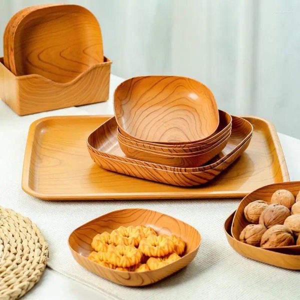 Assiettes de cuisine en plastique, Grain de bois, assiette carrée multifonctionnelle, gâteau aux fruits, Snack, bol sec, vaisselle 1 pièce