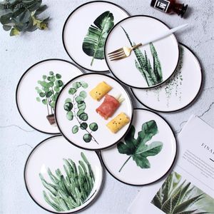 Assiettes 1 pièce, plantes vertes peintes à la main, style nordique, assiette à dîner en porcelaine, vaisselle créative en céramique, vaisselle à Dessert, plat à gâteau