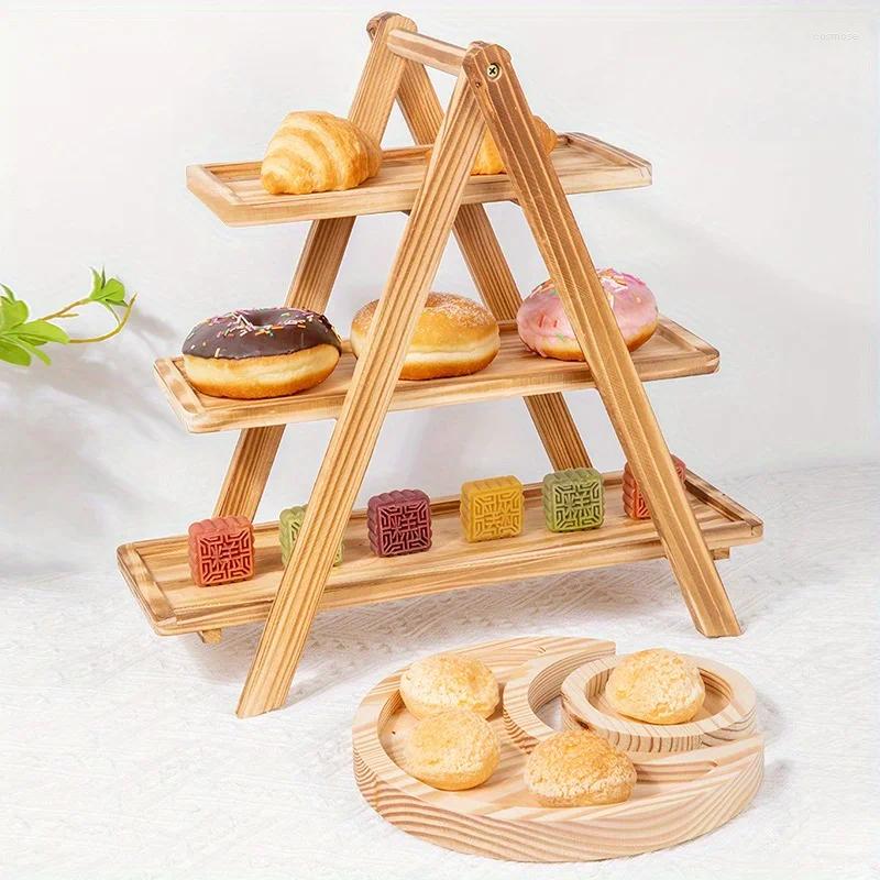 Plates 1pc Storage Rack 3-Tier Solid Wood Serving Tray Rectangular Display Stand Detachable Wooden Holder For Fruit Cake Des