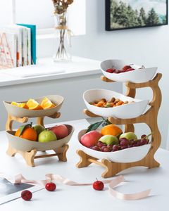 Assiettes à fruits en plastique à 2/3 niveaux avec support en bois, panier à bonbons, support à gâteaux, plat à collation, bol à salade, étagères d'exposition