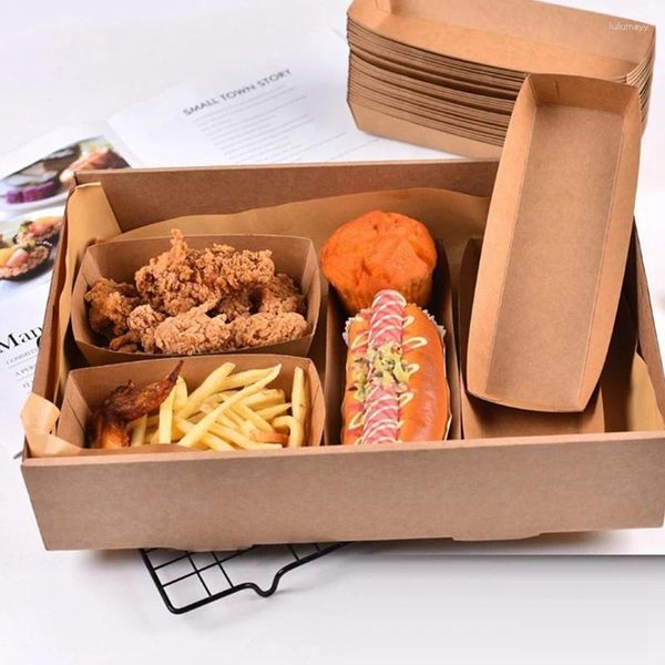 Assiettes 200 pièces plateau de service en papier kraft jetable revêtement pliable collation boîte ouverte chien frites poulet