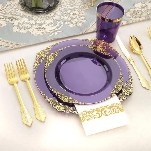 Platos 25 uds plástico transparente con borde dorado postre/ensalada desechables perfectos para decoración de fiesta de cumpleaños de boda