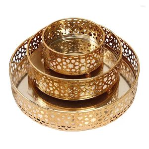 Assiettes 3pcs Platter Ramadan Snack Snack Snack Dessert Tray Set Multifonctionnel Round Electroplated Gold Hollow Serving for Party Decor