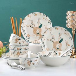 Assiettes 4/6 Personnes Vaisselle Japonaise Ménage Bols En Céramique Nouilles Soupe Et Baguettes Combinaison Bone China