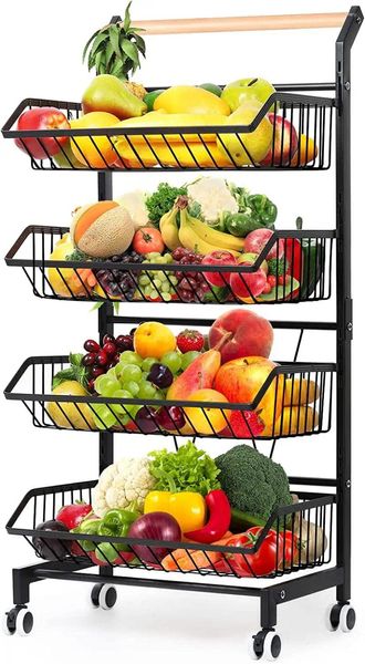Placas de 4 niveles de canasta de almacenamiento de vegetales de 4 niveles con mango y ruedas negras