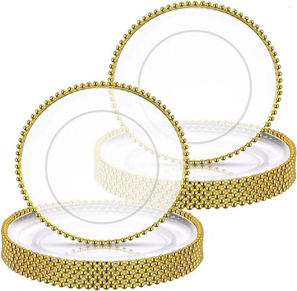 Assiettes de Service décoratives, 400 pièces, avec bord en plastique transparent et perles dorées pour la vaisselle
