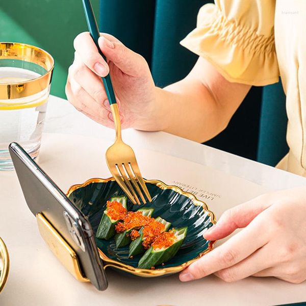 Assiettes 5 pouces vert foncé coquille assiette à dîner multifonction plats en céramique plateau à Dessert bordure dorée vaisselle micro-ondes