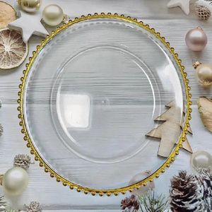 Assiettes 50/100 pièces chargeur en plastique transparent avec bord de perles dorées assiette de Service décorative en acrylique