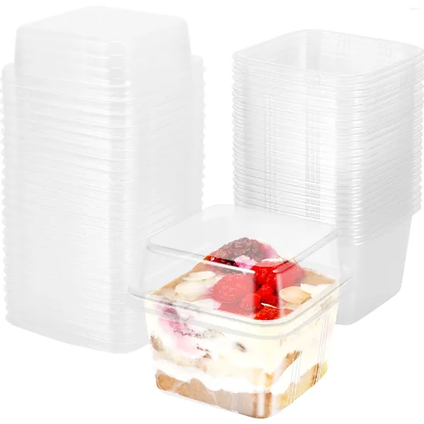 Platos 50 Uds Tazas de postre de plástico con tapas 8oz contenedor de magdalenas reutilizable caja cuadrada transparente sellada para muffins