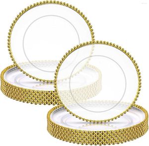 Assiettes de chargement transparentes, 50 pièces, avec bord en perles dorées, en plastique acrylique, décoratives pour service de dîner, décor de fête de mariage et de noël