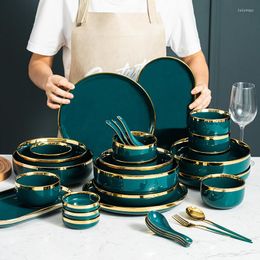 Borden 59 -stks 8 Persoon Gebruik servies Set Green Ceramic and Bowls Dijkartikelen met lepel kom dessertplaat biefstuk