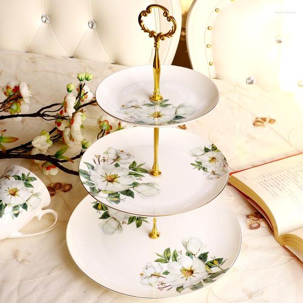 Assiettes 6 8 10 pouces Fine Bone China Buffet Cake Plate Stand Vert Floral Céramique Porcelaine Bonbons Dessert Pour La Fête