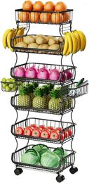 Assiettes à 6 niveaux Rolling Chariot Fruit Empilable Panier de légumes avec roues et 2 pain suspendu noir