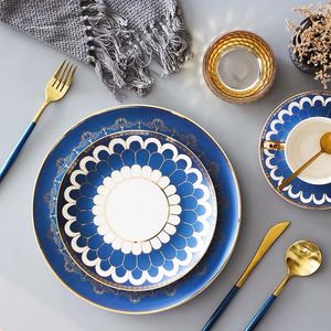 Borden 8/10 inch luxe goud inleg blauw roze keramische diner dessert plate cake dish take set dropship groothandel