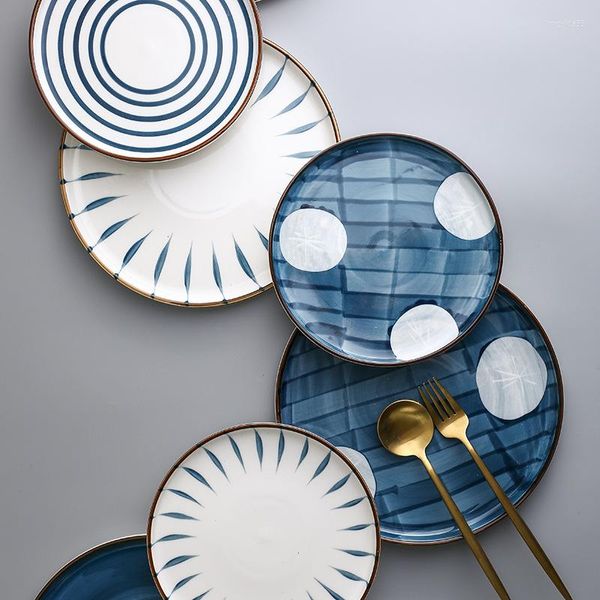 Platos de cerámica pintados a mano de estilo japonés de 8 pulgadas, plato chino occidental, vajilla redonda para el hogar para restaurante