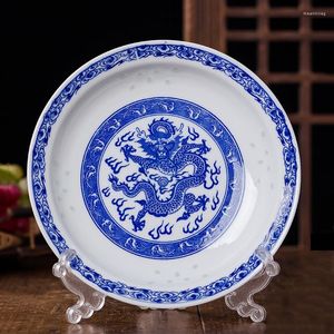 Assiettes 8 pouces chinois Vintage bleu et blanc porcelaine Dragon motif dîner Jingdezhen assiette en céramique rond gâteau Steak plat