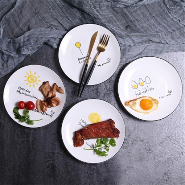 Platos redondos de cerámica de dibujos animados de 8 pulgadas, plato de cena de porcelana para bistec, fruta, nuez, vajilla creativa para el desayuno en el hogar, bandeja para platos de aperitivos