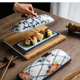 Assiettes 9,5 pouces avec couvercle Plaque rectangulaire Sushi japonais vintage Bleu et blanc Porcelaine spécialisée Restaurant Table Voleille