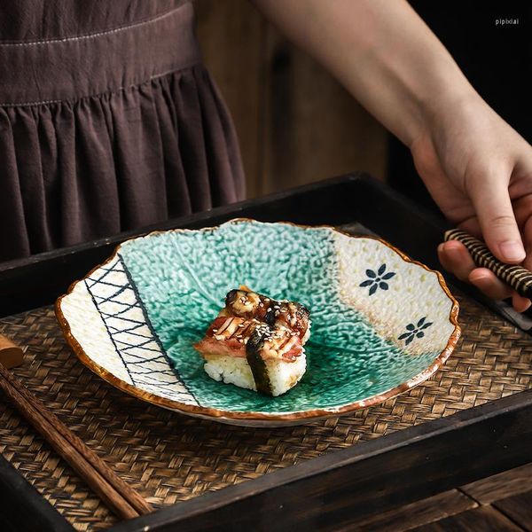 Platos Plato De Cerámica De 9 Pulgadas Patrón De Piedra De Color A Mano Disco Polígono Juego De Cena De Cocina Y Platos Sushi Japonés