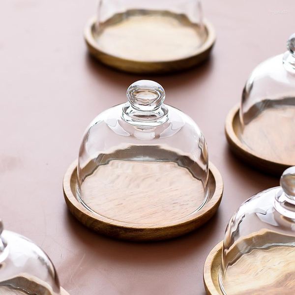 Assiettes en bois d'acacia Mini assiette à Dessert tasse avec couvercle en verre plateau à Mousse gâteau pain Fruits plats en bois thé de l'après-midi