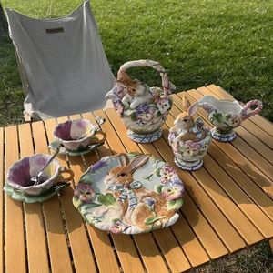 Borden Amerikaanse handgeschilderde idyllische gerechten Keramiek Theepot Koffiekopje Diner Tuin Afternoon Tea Set Snackopslag