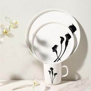 Borden en mug set zwart wit keramisch diner modern servies servies creatief bloemenplaat