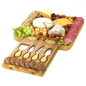 Assiettes planche à fromage en bambou, assiette à dîner pour le thé de l'après-midi, ensemble de couteaux en acier inoxydable de quatre pièces gratuits, plats en bois