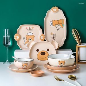 Assiettes ours motif porcelaine cuisine vaisselle ensemble bols riz soupe cuillère plat assiette enfants enfants dîner