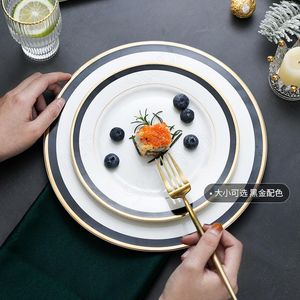 Platos de cerámica con borde de oro negro, bandeja de servicio occidental moderna europea, platos para ensalada de frutas, carne, Pasta, cena, vajilla para el hogar