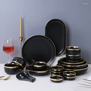 Assiettes en porcelaine noire Dîner plats de cuisine en céramique plate de table plate de riz nouilles nouilles de bol