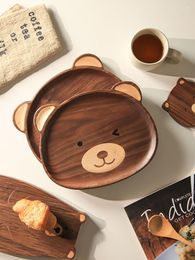 Borden zwarte walnoot houten lade schattige cartoon beer scherp Japan -stijl desserts container onregelmatig 12 inch frosted houten schotel